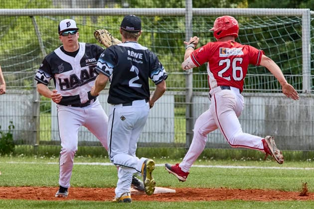 German Baseball League DBL , Munich Haar Disciples vs Stuttgart Reds, Haar Disciples, Stuttgart Reds, 2026 06 07 in Munich Haar Ballpark Eglfing BROSKE Moritz Munich Haar Disciples First Baseman, Third Baseman Nr87 HAA87 , WITZKU Valentin Munich Haar Disciples Pitcher Nr2 HAA2 , van BERGEN Jonas Stuttgart Reds Center Fielder Nr26 STG26 sportworld Munich Haar Ballpark Eglfing Bayern Germany