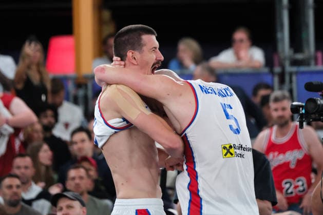 June 7, 2026, Warsaw, Masovian Voivodeship, Poland: Serbia s NENAD NERANDZIC (5) and STRAHINJA STOJACIC (3) hug in victory at the end of the FIBA 3x3 Basketball World Cup men s 3rd place game between Serbia and France in Warsaw, Poland. Serbia defeated France to win 3rd place in the tournament. Basketball 2026: FIBA 3x3 World Cup Men s 3rd Place: Serbia 20:19 France  - ZUMAk204 20260607_zip_k204_123 Copyright: xRomanxKozielx