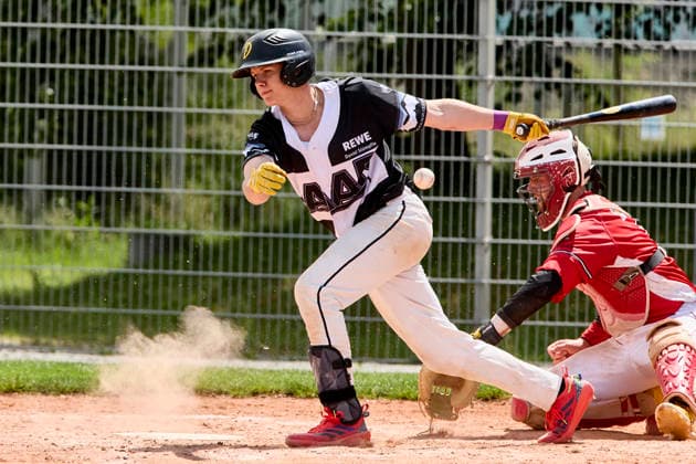 German Baseball League DBL , Munich Haar Disciples vs Stuttgart Reds, Haar Disciples, Stuttgart Reds, 2026 06 07 in Munich Haar Ballpark Eglfing KRAMER Quentin Munich Haar Disciples Second Baseman Nr11 HAA11 , WITT Yannick Stuttgart Reds Catcher, Shortstop Nr6 STG6 sportworld München Haar Ballpark Eglfing Bayern Germany