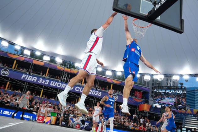 June 7, 2026, Warsaw, Masovian Voivodeship, Poland: Serbia s NEMANJA BARAC (6), NENAD NERANDZIC (5), STRAHINJA STOJACIC (3) and France s ALEX VIALARET (15) jump for the ball during the FIBA 3x3 Basketball World Cup men s 3rd place game between Serbia and France in Warsaw, Poland. Basketball 2026: FIBA 3x3 World Cup Men s 3rd Place: Serbia 20:19 France  - ZUMAk204 20260607_zip_k204_135 Copyright: xRomanxKozielx