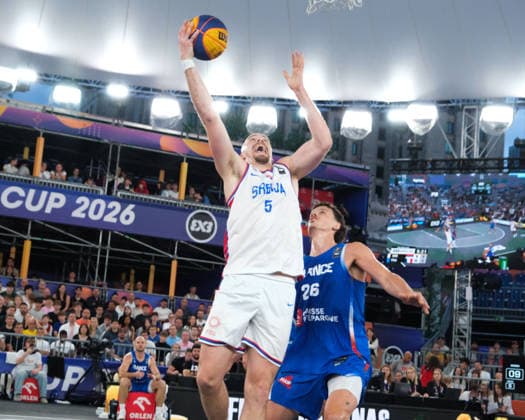 June 7, 2026, Warsaw, Masovian Voivodeship, Poland: Serbia s NENAD NERANDZIC (5) and France s JULES RAMBAUT (26) in action during the FIBA 3x3 Basketball World Cup men s 3rd place game between Serbia and France in Warsaw, Poland. Warsaw Poland - ZUMAk204 20260607_zip_k204_140 Copyright: xRomanxKozielx
