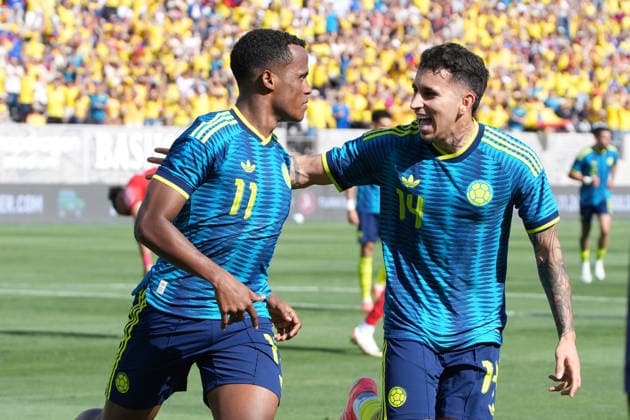 Jhon Arias (L) and Gustavo Puerta (R) of Colombia celebrate a goal during a friendly match between Colombia and Jordan at Snapdragon Stadium in San Diego, United States, 07 June 2026. Friendly Match - Colombia vs. Jordan !ACHTUNG: NUR REDAKTIONELLE NUTZUNG!  Copyright: xOmarxAlonsox AME9608 0858585342st