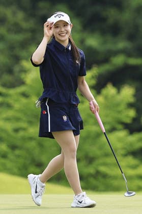 Golf: Yonex Ladies Rin Yoshida reacts after making a winning putt on the 18th hole during the final round of the Yonex Ladies golf tournament at the Yonex Country Club in Nagaoka, Niigata Prefecture, Japan, on June 7, 2026.  A14AA0005617960P