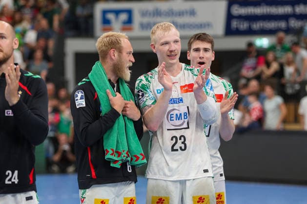 07 06 2026, xgox, Handball Daikin HBL HSG Wetzlar SC Magdeburg emspor, f l Matthias Musche Magdeburg, 6 , Magnus Saugstrup Magdeburg, 23 Celebrating the victory, cheering after the end of the game Wetzlar