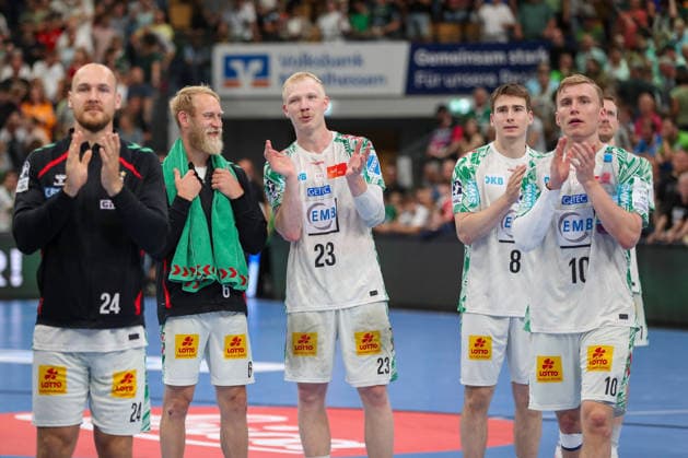07 06 2026, xgox, Handball Daikin HBL HSG Wetzlar SC Magdeburg emspor, f l Matthias Musche Magdeburg, 6 , Magnus Saugstrup Magdeburg, 23 , Manuel Zehnder Magdeburg, 8 Celebrating the victory, cheering after the end of the game Wetzlar
