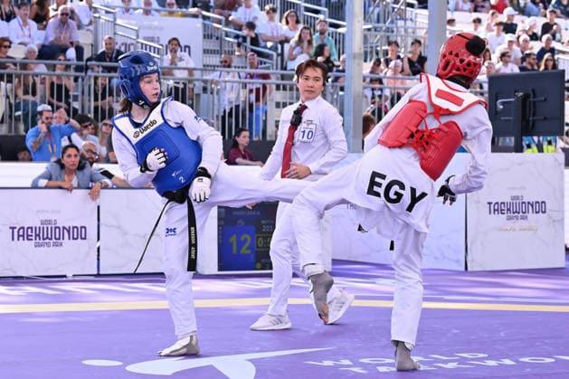 IPA85474784 - Alisa Angelova (RUS) and Jana Khattab (EGY) compete in the women s -49kg final of the World Taekwondo Grand Prix at the Foro Italico, June 7, 2026, Rome, Italy.  Copyright: xDomenicoxCippitelli IPAxSportx xx 85474784