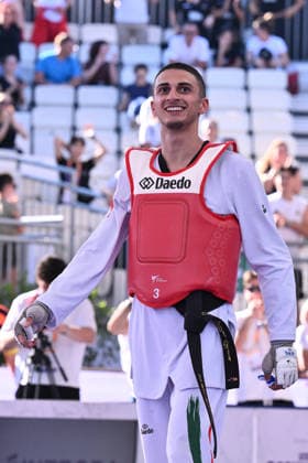 IPA85474793 - Vito Dell Aquila (ITA) celebrate the victory of the men s -58kg final against Eunsu Seo (KOR) of the World Taekwondo Grand Prix at the Foro Italico, June 7, 2026, Rome, Italy.  Copyright: xDomenicoxCippitelli IPAxSportx xx 85474793