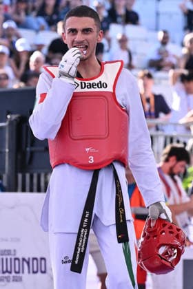 IPA85474816 - Vito Dell Aquila (ITA) competes in the men s -58kg final against Eunsu Seo (KOR) of the World Taekwondo Grand Prix at the Foro Italico, June 7, 2026, Rome, Italy.  Copyright: xDomenicoxCippitelli IPAxSportx xx 85474816