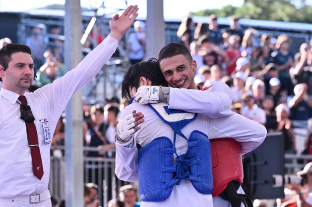 IPA85474794 - Vito Dell Aquila (ITA) celebrate the victory of the men s -58kg final against Eunsu Seo (KOR) of the World Taekwondo Grand Prix at the Foro Italico, June 7, 2026, Rome, Italy.  Copyright: xDomenicoxCippitelli IPAxSportx xx 85474794