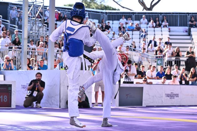 IPA85474795 - Eunsu Seo (KOR) and Vito Dell Aquila (ITA) competes in the men s -58kg final of the World Taekwondo Grand Prix at the Foro Italico, June 7, 2026, Rome, Italy.  Copyright: xDomenicoxCippitelli IPAxSportx xx 85474795