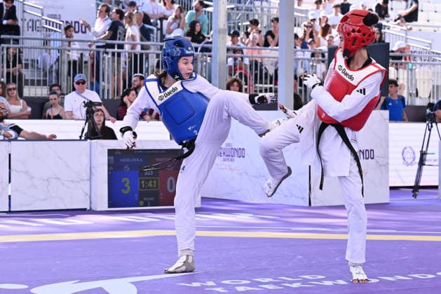 IPA85474801 - Alisa Angelova (RUS) and Jana Khattab (EGY) compete in the women s -49kg final of the World Taekwondo Grand Prix at the Foro Italico, June 7, 2026, Rome, Italy.  Copyright: xDomenicoxCippitelli IPAxSportx xx 85474801