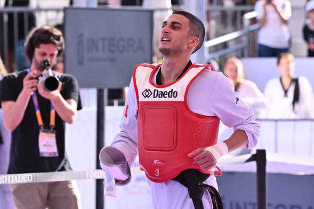 IPA85474845 - Vito Dell Aquila (ITA) celebrate the victory of the men s -58kg final against Eunsu Seo (KOR) of the World Taekwondo Grand Prix at the Foro Italico, June 7, 2026, Rome, Italy.  Copyright: xDomenicoxCippitelli IPAxSportx xx 85474845