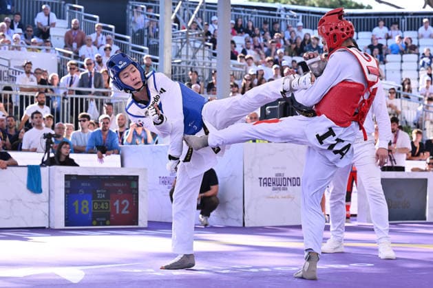 IPA85474859 - Eunsu Seo (KOR) and Vito Dell Aquila (ITA) competes in the men s -58kg final of the World Taekwondo Grand Prix at the Foro Italico, June 7, 2026, Rome, Italy.  Copyright: xDomenicoxCippitelli IPAxSportx xx 85474859