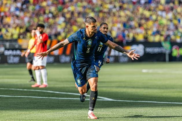 RECORD DATE NOT STATED Match between Brazil and Egypt for the 2026 World Cup friendlies. Cleveland (USA), 07 06 2026 - friendly matches national team, Nationalteam USA - Player Bruno Guimaraes scores and celebrates his goal in a match between Brazil and Egypt, valid for the national team s friendly matches, held in the city of Cleveland, this Saturday, June 6, 2026.(Foto: Bruno Zanotto Thenews2 imago images) SPO  Copyright: xBrunoxxZanottox