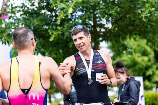 07 06 2026, GER, Crosstriathlon, Maenner Frauen, Saison 26, 38 Teag Werratal Crosstriathlon org Triathlonverein Werratal e V Stefan Bürge LTV Erfurt Lars Fricke AC Apolda 500m swim in open water, 11,9km MTB course and 4,0km run course took the participants in the categories Jedermann Cross Einzel Staffel as well as the Sprint Cross Einzel incl Thüringer Meisterschaft in angriff 98597 Breitungen Strandbad Kiessee Thueringen Germany