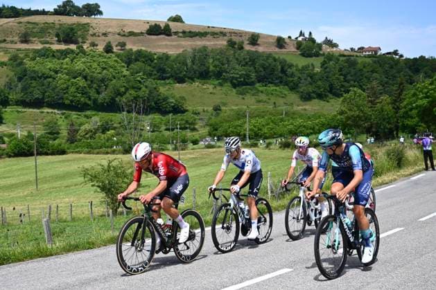 Tour Auvergne - Rhone-Alpes 2026 Stage 2 LE PUY-EN-VELAY, FRANCE - JUNE 08 : Veistroffer Baptiste (FRA) of Lotto Intermarche, Garcia Pierna Raul (ESP) of Movistar Team, Van Mechelen Vlad (BEL) of Bahrain - Victorious, Jegat Jordan (FRA) of TotalEnergies during stage 2 of the 78th edition of Tour Auvergne - Rhone-Alpes an UCI World Tour 2.UWT cycling road race stage for Men Elite of 234.3 km with start in Saint-Martin-Le-Vinoux and finish in Le Puy-en-Velay on June 8, 2026 in Le Puy-en-Velay, France, 08 06 2026 ( Motordriver Guy De Vuyst - Le Puy-en-Velay France  Copyright: xVincentxKalutx