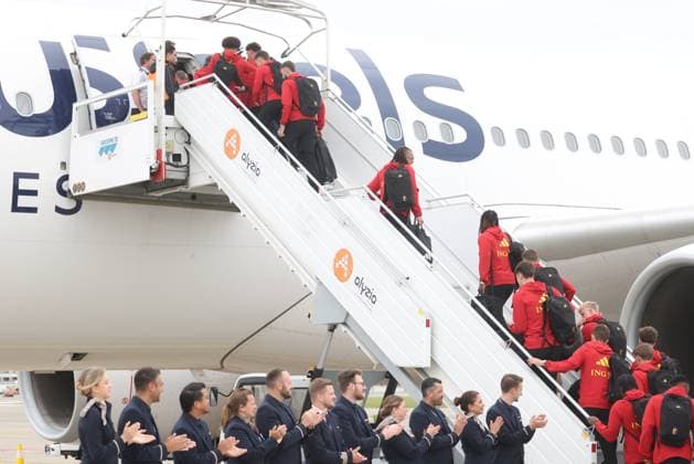 Belgium s players pictured at the departure of Belgian national soccer team the Red Devils from Brussels Airport, Monday 08 June 2026, in Zaventem. The Red Devils fly to their base camp in Seattle for the FIFA World Cup, WM, Weltmeisterschaft, Fussball 2026 which is held in the United States, Canada and Mexico. BRUNOxFAHY  x176599141x