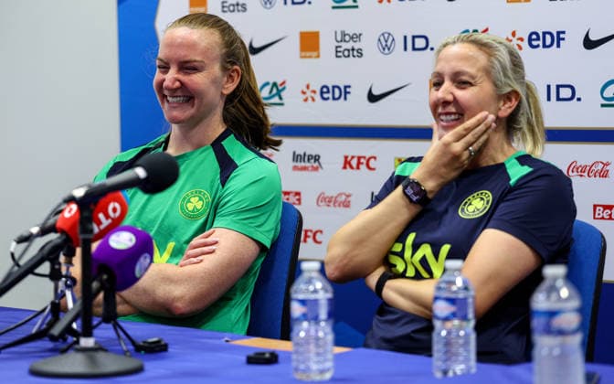 Republic of Ireland WNT press conference, PK, Pressekonferenz Stade des Alpes, Grenoble, France 8 6 2026 Courtney Brosnan and Head coach Carla Ward Courtney Brosnan and Carla Ward 8 6 2026  Copyright: x INPHO BenxBradyx BB2_9441