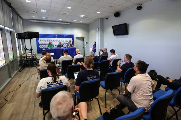 Republic of Ireland WNT press conference, PK, Pressekonferenz Stade des Alpes, Grenoble, France 8 6 2026 Courtney Brosnan, Head coach Carla Ward and Communications manager Kieran Crowley Courtney Brosnan, Carla Ward and Kieran Crowley 8 6 2026  Copyright: x INPHO BenxBradyx BB3_6872