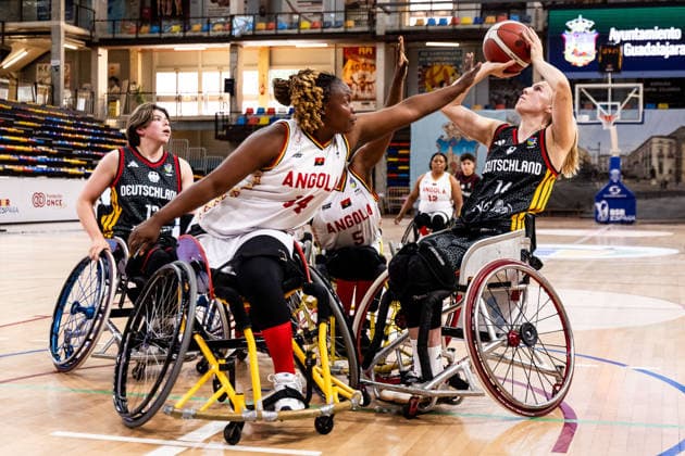 GUADALAJARA, SPAIN - JUNE 08: Lilly-Rose Sellak (Germany, 14) controls the ball against Angelica Costa (Angola, 14) during the 2026 IWBF Women™s Repechage match between Angola vs. Germany at Palacio Multiusos de Guadalajara on June 08, 2026 in Guadalajara, Spain. Spain Copyright: xSteffiexWunderlx