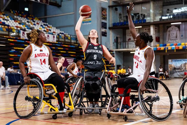 GUADALAJARA, SPAIN - JUNE 08: Lena Knippelmeyer (Germany, 9) controls the ball against Angelica Costa (Angola, 14) and Lucia Kiala (Angola, 11) during the 2026 IWBF Women™s Repechage match between Angola vs. Germany at Palacio Multiusos de Guadalajara on June 08, 2026 in Guadalajara, Spain. Spain Copyright: xSteffiexWunderlx
