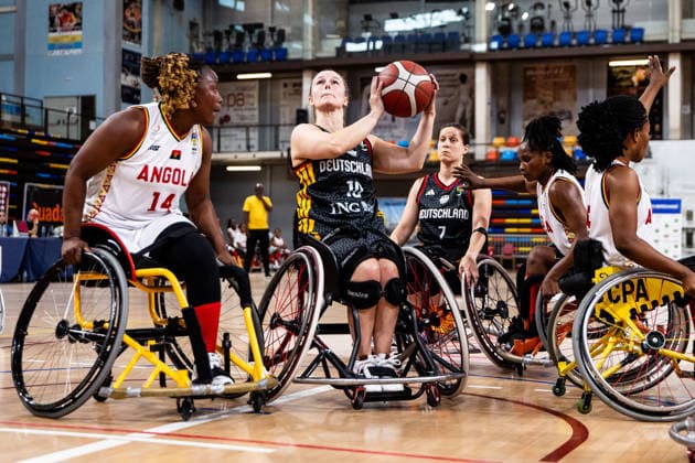 GUADALAJARA, SPAIN - JUNE 08: Lisa Bergenthal (Germany, 10) controls the ball against Angelica Costa (Angola, 14) during the 2026 IWBF Women™s Repechage match between Angola vs. Germany at Palacio Multiusos de Guadalajara on June 08, 2026 in Guadalajara, Spain. Spain Copyright: xSteffiexWunderlx