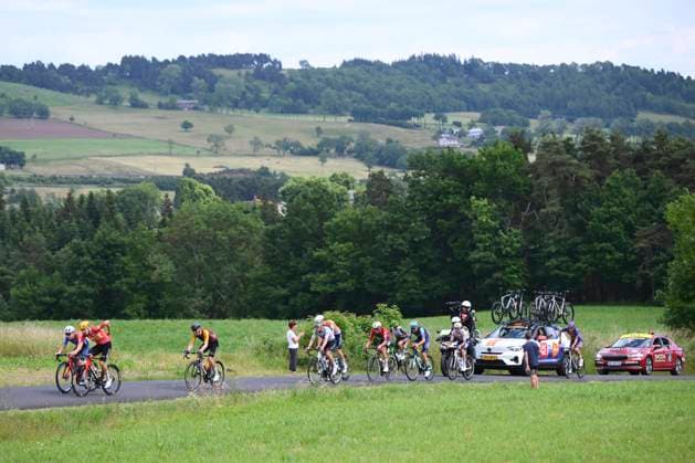 Tour Auvergne - Rhone-Alpes 2026 Stage 2 LE PUY-EN-VELAY, FRANCE - JUNE 08 : Charmig Anthon (DEN) of UNO-X Mobility, Garcia Pierna Raul (ESP) of Movistar Team, Van Mechelen Vlad (BEL) of Bahrain - Victorious, Veistroffer Baptiste (FRA) of Lotto Intermarche, Jegat Jordan (FRA) of TotalEnergies, Diaz Alex (ESP) of Caja Rural - Seguros RGA, Raisberg Nadav (ISR) of NSN Cycling Team, Thomas Benjamin (FRA) of Cofidis, Braz Afonso Clement (FRA) of Groupama - FDJ United, Renard-Haquin Henri-Francois (FRA) of Team Picnic PostNL during stage 2 of the 78th edition of Tour Auvergne - Rhone-Alpes an UCI World Tour 2.UWT cycling road race stage for Men Elite of 234.3 km with start in Saint-Martin-Le-Vinoux and finish in Le Puy-en-Velay on June 8, 2026 in Le Puy-en-Velay, France, 08 06 2026 ( Motordriver Guy De Vuyst - Le Puy-en-Velay France  Copyright: xVincentxKalutx