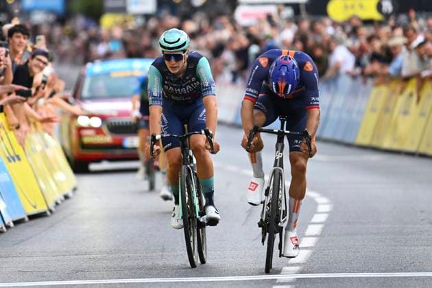 Tour Auvergne - Rhone-Alpes 2026 Stage 2 LE PUY-EN-VELAY, FRANCE - JUNE 08 : second place for Renard-Haquin Henri-Francois (FRA) of Team Picnic PostNL, third place for Van Mechelen Vlad (BEL) of Bahrain Victorius during stage 2 of the 78th edition of Tour Auvergne - Rhone-Alpes an UCI World Tour 2.UWT cycling road race stage for Men Elite of 234.3 km with start in Saint-Martin-Le-Vinoux and finish in Le Puy-en-Velay on June 8, 2026 in Le Puy-en-Velay, France, 08 06 2026 ( Motordriver Guy De Vuyst - Le Puy-en-Velay France  Copyright: xVincentxKalutx