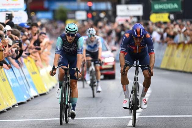Tour Auvergne - Rhone-Alpes 2026 Stage 2 LE PUY-EN-VELAY, FRANCE - JUNE 08 : second place for Renard-Haquin Henri-Francois (FRA) of Team Picnic PostNL, third place for Van Mechelen Vlad (BEL) of Bahrain Victorius during stage 2 of the 78th edition of Tour Auvergne - Rhone-Alpes an UCI World Tour 2.UWT cycling road race stage for Men Elite of 234.3 km with start in Saint-Martin-Le-Vinoux and finish in Le Puy-en-Velay on June 8, 2026 in Le Puy-en-Velay, France, 08 06 2026 ( Motordriver Guy De Vuyst - Le Puy-en-Velay France  Copyright: xVincentxKalutx