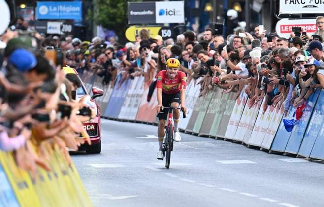 Tour Auvergne - Rhone-Alpes 2026 Stage 2 LE PUY-EN-VELAY, FRANCE - JUNE 08 : Charmig Anthon (DEN) of Uno-X Mobility wins during stage 2 of the 78th edition of Tour Auvergne - Rhone-Alpes an UCI World Tour 2.UWT cycling road race stage for Men Elite of 234.3 km with start in Saint-Martin-Le-Vinoux and finish in Le Puy-en-Velay on June 8, 2026 in Le Puy-en-Velay, France, 08 06 2026 ( Motordriver Guy De Vuyst - Le Puy-en-Velay France  Copyright: xVincentxKalutx