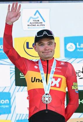Tour Auvergne - Rhone-Alpes 2026 Stage 2 LE PUY-EN-VELAY, FRANCE - JUNE 08 : Charmig Anthon (DEN) of Uno-X Mobility pictured during the podium ceremony of stage 2 of the 78th edition of Tour Auvergne - Rhone-Alpes an UCI World Tour 2.UWT cycling road race stage for Men Elite of 234.3 km with start in Saint-Martin-Le-Vinoux and finish in Le Puy-en-Velay on June 8, 2026 in Le Puy-en-Velay, France, 08 06 2026 ( Motordriver Guy De Vuyst - Le Puy-en-Velay France  Copyright: xVincentxKalutx