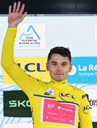 Tour Auvergne - Rhone-Alpes 2026 Stage 2 LE PUY-EN-VELAY, FRANCE - JUNE 08 : Baudin Alex (FRA) of EF Education EasyPost pictured with the yellow jersey during the podium ceremony of stage 2 of the 78th edition of Tour Auvergne - Rhone-Alpes an UCI World Tour 2.UWT cycling road race stage for Men Elite of 234.3 km with start in Saint-Martin-Le-Vinoux and finish in Le Puy-en-Velay on June 8, 2026 in Le Puy-en-Velay, France, 08 06 2026 ( Motordriver Guy De Vuyst - Le Puy-en-Velay France  Copyright: xVincentxKalutx