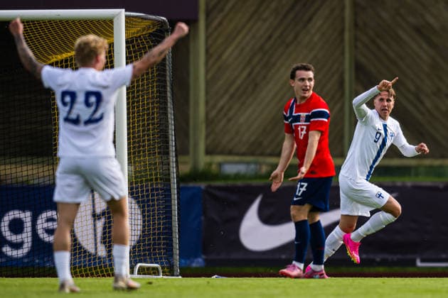 260608 Onni HelÃ n of Finland celebrates after scoring the 0 1 goal during the under 21 international friendly football match between Norway and Finland on June 8, 2026 in Moss Photo Marius Simensen BILDBYRAN COP 238 bbeng finland football fotball fotboll international friendly jubel norge norway privatlandskamp soccer träningslandskamp u21 under 21  Copyright: MARIUSxSIMENSEN BB260608BB141