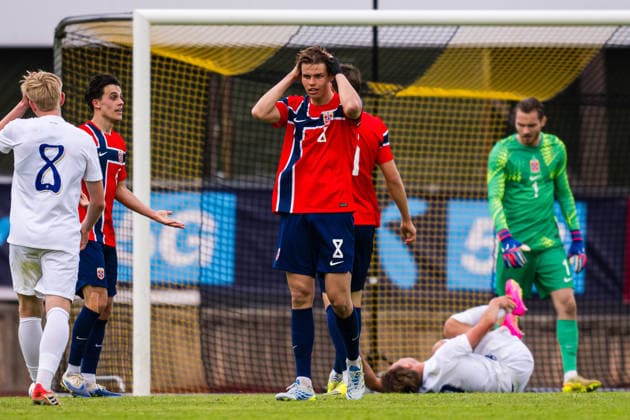 260608 Jens Hjerto Dahl of Norway looks dejected during the under 21 international friendly football match between Norway and Finland on June 8, 2026 in Moss Photo Marius Simensen BILDBYRAN COP 238 bbeng depp finland football fotball fotboll international friendly norway privatlandskamp soccer träningslandskamp u21 under 21  Copyright: MARIUSxSIMENSEN BB260608BB165