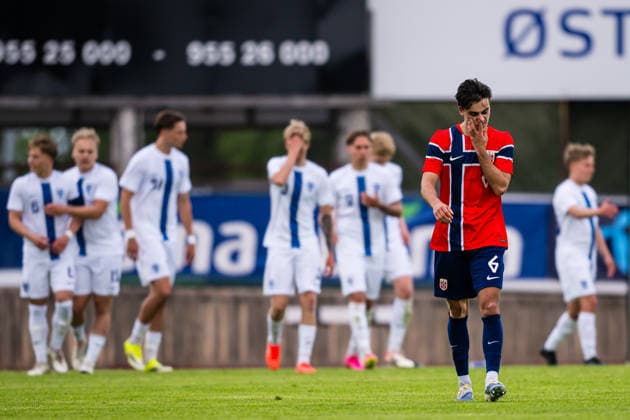 260608 Magnus Riisnaes of Norway looks dejected after 0 2 during the under 21 international friendly football match between Norway and Finland on June 8, 2026 in Moss Photo Marius Simensen BILDBYRAN COP 238 bbeng depp finland football fotball fotball international friendly norway privatlandskamp soccer träningslandskamp u21 under 21  Copyright: MARIUSxSIMENSEN BB260608BB170