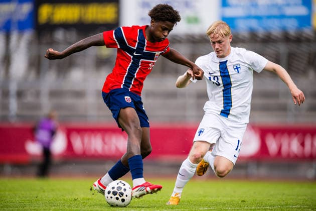 260608 Tobias Saliou Moi Sen of Norway and Jesse Kilo of Finland during the under 21 international friendly football match between Norway and Finland on June 8, 2026 in Moss Photo Marius Simensen BILDBYRAN COP 238 bbeng finland football fotball fotball international friendly norway privatlandskamp soccer träningslandskamp u21 under 21  Copyright: MARIUSxSIMENSEN BB260608BB231