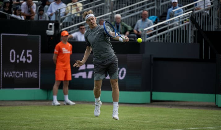 S-HERTOGENBOSCH, NETHERLANDS - JUNE 08: Denis Shapovalov of Canada returns a backhand shot against Marin Cilic of Croatia during their ATP, Tennis Herren Singles First Round match at the LibÃ ma Open on June 8, 2026 at Autotron s-Hertogenbosch in s-Hertogenbosch, Netherlands. Credit: Andy Astfalck NurPhoto Netherlands Copyright: xAndyxAstfalckx