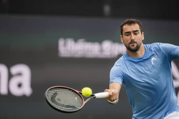 S-HERTOGENBOSCH, NETHERLANDS - JUNE 08: Marin Cilic of Croatia returns with a forehand shot against Denis Shapovalov of Canada during their ATP, Tennis Herren Singles First Round match at the LibÃ ma Open on June 8, 2026 at Autotron s-Hertogenbosch in s-Hertogenbosch, Netherlands. Credit: Andy Astfalck NurPhoto Netherlands Copyright: xAndyxAstfalckx