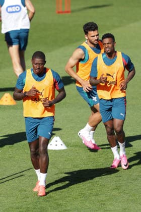Training of the Portuguese national football team in the football city of Oeiras Portugal, June 8, 2026, in Alges, Portugal Nuno Mendes Portugal ,25 , Goncalo Ramos Portugal ,9 , Nelson Semedo Portugal ,2 Copyright: HMBxMedia FernandoxSoares