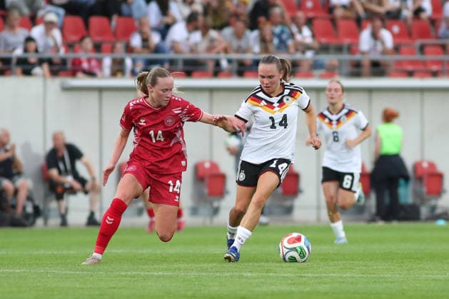 Soccer, U23 Women Germany Denmark, 08 06 26 Nikoline Dudek 14, Denmark U23, RB Leipzig vs Marie Steiner 14, Germany U23, TSG Hoffenheim Soccer, Test match U23 Women Germany Denmark on 08 06 26 at Leuna Chemie Stadium Halle Saale Copyright: xBEAUTIFULxSPORTS JanxKaeferx