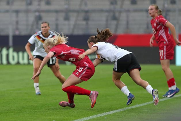 Soccer, U23 Women Germany Denmark, 08 06 26 Elvira Nejmann 18, Denmark U23 is pulled down by Marie Steiner 14, Germany U23, TSG Hoffenheim Soccer, Test match U23 Women Germany Denmark on 08 06 26 at Leuna Chemie Stadium Halle Saale Copyright: xBEAUTIFULxSPORTS JanxKaeferx
