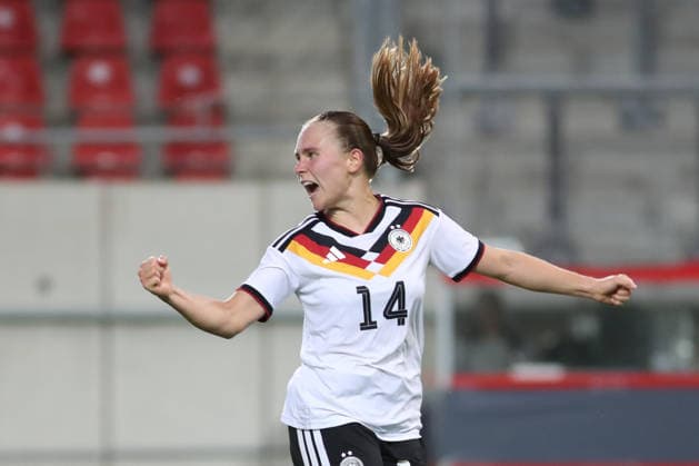 Soccer, U23 Women Germany Denmark, 08 06 26 Marie Steiner 14, Germany U23, TSG Hoffenheim cheers emotionally about her goal to lead 1 0 Soccer, Test match U23 Women Germany Denmark on 08 06 26 at Leuna Chemie Stadion Halle Saale Copyright: xBEAUTIFULxSPORTS JanxKaeferx