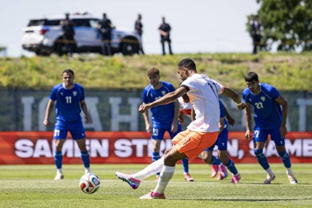 NEW YORK - Cody Gakpo of the Netherlands scores the 1-0 from a penalty during the friendly match between the Netherlands and Uzbekistan at Icahn Stadium on June 8, 2026, in New York, United States. The Dutch national team, Nationalteam is preparing for the World Cup. ROBIN VAN LONKHUIJSEN ANP International Friendly, Länderspiel, Nationalmannschaft 2026 xVIxANPxSportx xxANPxIVx 560512610 originalFilename: 560512610.jpg