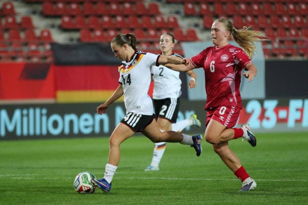 08 06 2026 Soccer Women 2025 2026 U23 international Germany Denmark Leuna Chemie Stadion Halle Marie Steiner Germany, 14, white scores the 1 0 Pernille Sanvig Denmark, 6, red comes too late Halle Saxony Anhalt Germany