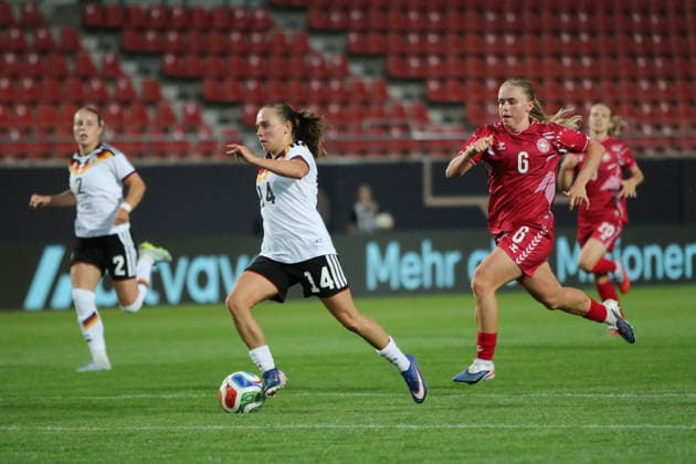 08 06 2026 Soccer Women 2025 2026 U23 international Germany Denmark Leuna Chemie Stadion Halle Marie Steiner Germany, 14, white on the way to 1 0 Pernille Sanvig Denmark, 6, red arrives too late Halle Sachsen Anhalt Germany