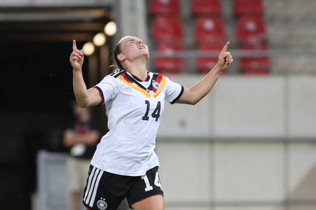 Soccer, U23 Women Germany Denmark, 08 06 26 Goal celebration at Marie Steiner 14, Germany U23, TSG Hoffenheim after her goal to lead 1 0 Soccer, Test match U23 Women Germany Denmark on 08 06 26 at Leuna Chemie Stadion Halle Saale Copyright: xBEAUTIFULxSPORTS JanxKaeferx