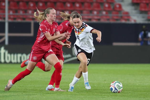 Soccer, U23 Women Germany Denmark, 08 06 26 Sofie Zdebel 6, Germany U23, Bayer Leverkusen escapes Nikoline Dudek 14, Denmark U23, RB Leipzig Soccer, Test match U23 Women Germany Denmark on 08 06 26 at Leuna Chemie Stadium Halle Saale Copyright: xBEAUTIFULxSPORTS JanxKaeferx