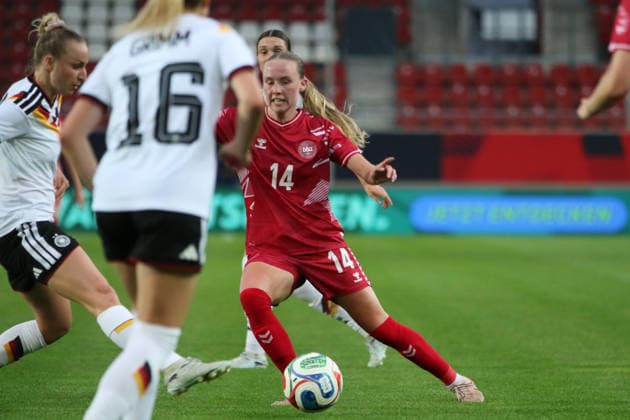 08 06 2026 Soccer Women 2025 2026 U23 international Germany Denmark Leuna Chemie Stadium Halle Nikoline Dudek Denmark, 14, red on the ball Halle Saxony Anhalt Germany