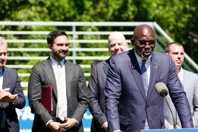 New York, NY- June 8: Governor Hochul and Mayor Mamdani make a World Cup FIFA announcement of a free watch party in Central Park for the FIFA World Cup, WM, Weltmeisterschaft, Fussball 2026 Final on Sunday, July 19. With FIFA President Gianni Infantino, George Weah on June 8, 20267 Credit: AdMedia FIFA 2026 press conference, PK, Pressekonferenz *** New York, NY June 8 Governor Hochul and Mayor Mamdani make a World Cup FIFA announcement of a free watch party in Central Park for the FIFA World Cup 2026 Final on Sunday, July 19 With FIFA President Gianni Infantino, George Weah on June 8, 20267 Credit AdMedia FIFA 2026 Press Conference  - ZUMAa123 20260608_zaa_a123_273 Copyright: xCamaraxPorterx