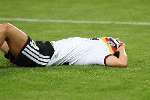 Soccer, U23 Women Germany Denmark, 08 06 26 The two-time goal scorer Marie Steiner 14, Germany U23, TSG Hoffenheim lies exhausted and disappointed on the pitch after the final whistle and pulls her jersey over her face Football, Test match U23 Women Germany Denmark on 08 06 26 at Leuna Chemie Stadion Halle Saale Copyright: xBEAUTIFULxSPORTS JanxKaeferx